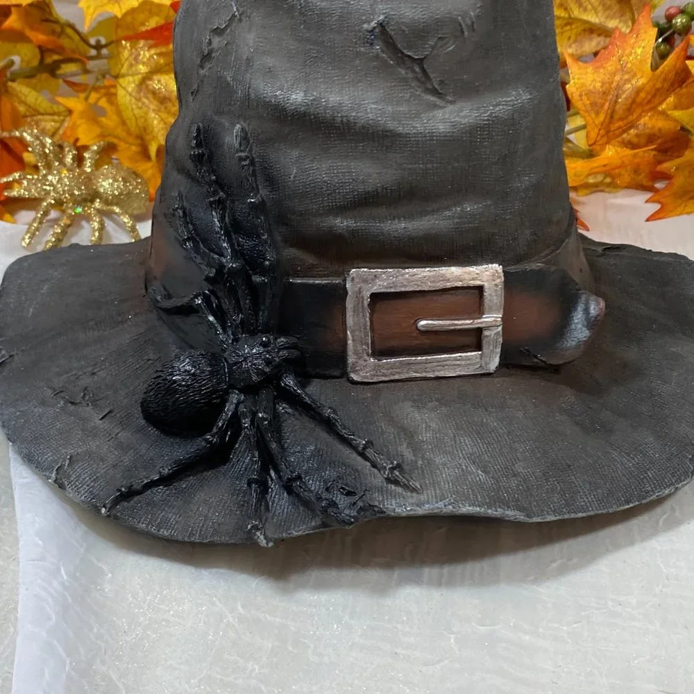 Witch Hat Halloween Prop Decor Gray Stitches Spider Centerpiece Resin Large 14